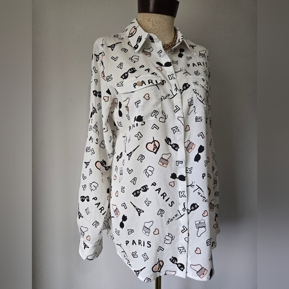 KARL LAGERFELD White Paris Print Button-Up Blouse. Size Medium - Picture 2 of 12
